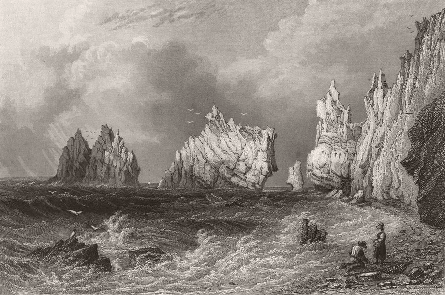 undated Isle of Wight/' signed by artist Antique Black and White Lithograph of /'The Needles